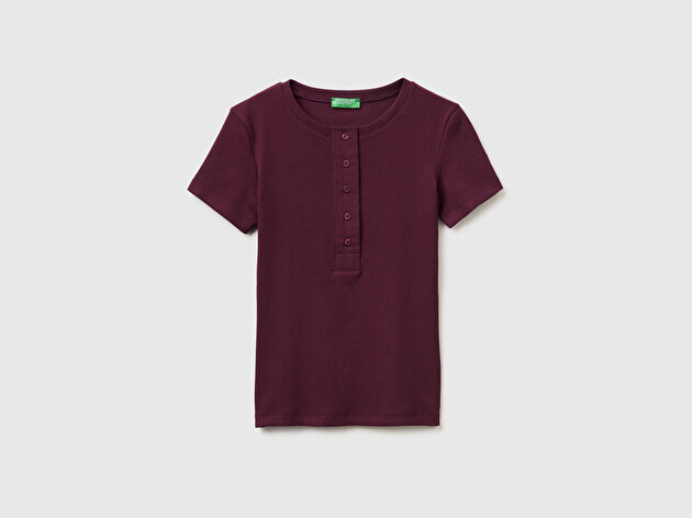 Benetton Kadın Bordo Pamuk Karışımlı Önü Düğme Detaylı Yuvarlak Yaka T-Shirt