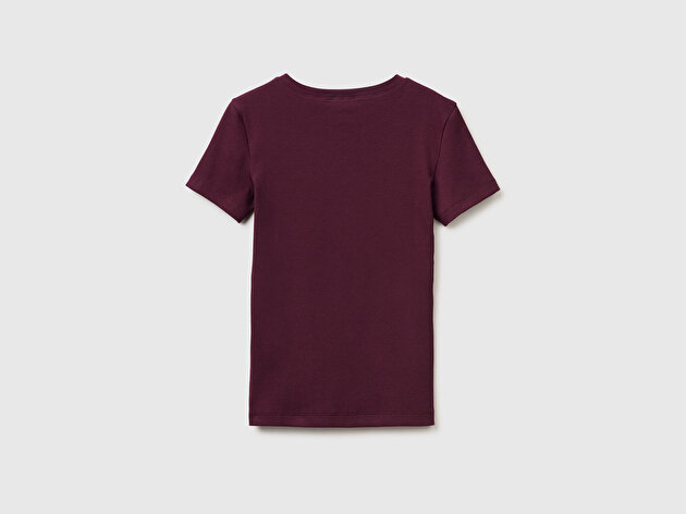 Benetton Kadın Bordo Pamuk Karışımlı Önü Düğme Detaylı Yuvarlak Yaka T-Shirt