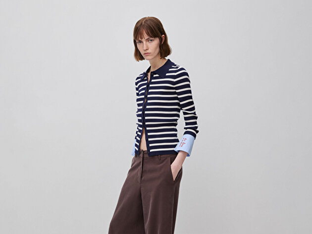 Benetton Kadın Lacivert Viskoz Karışımlı Kol Detaylı Çizgili Polo Yaka Hırka