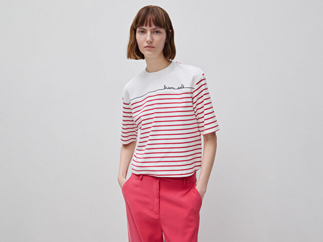 Benetton Kadın Pembe Pamuk Karışımlı Nakış Detaylı Çizgili Bisiklet Yaka T-Shirt