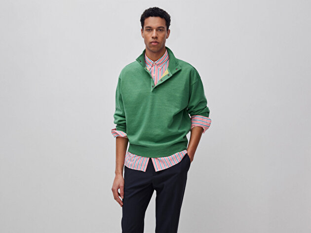 Benetton Erkek Yeşil  Yün Karışımlı Düğmeli Dik Yaka Sweatshirt