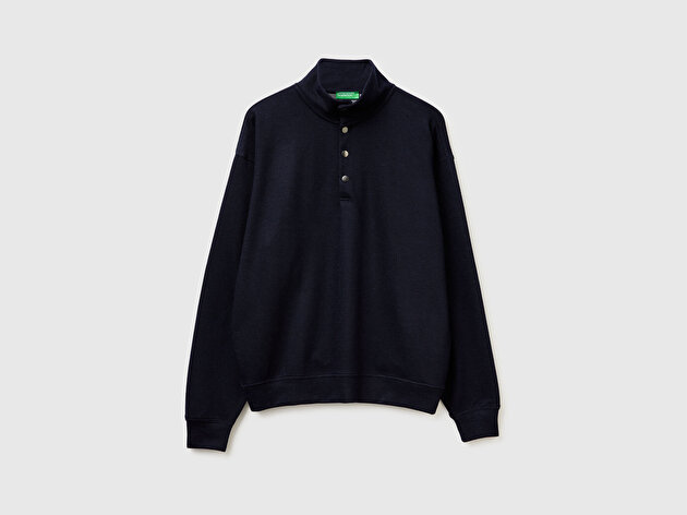 Benetton Erkek Lacivert  Yün Karışımlı Düğmeli Dik Yaka Sweatshirt