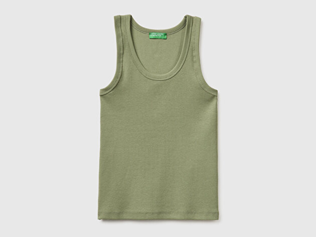 Benetton Kadın Haki Pamuk Karışımlı Geniş Yuvarlak Yaka Askılı Atlet