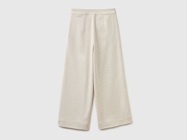 Benetton Kadın Krem Yün Karışımlı Wide Fit Yüksek Bel Pantolon