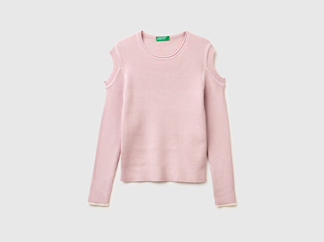 Benetton Kız Çocuk Gül Kurusu Omuz Dekolteli Ribana Çizgili Yuvarlak Yaka Kazak