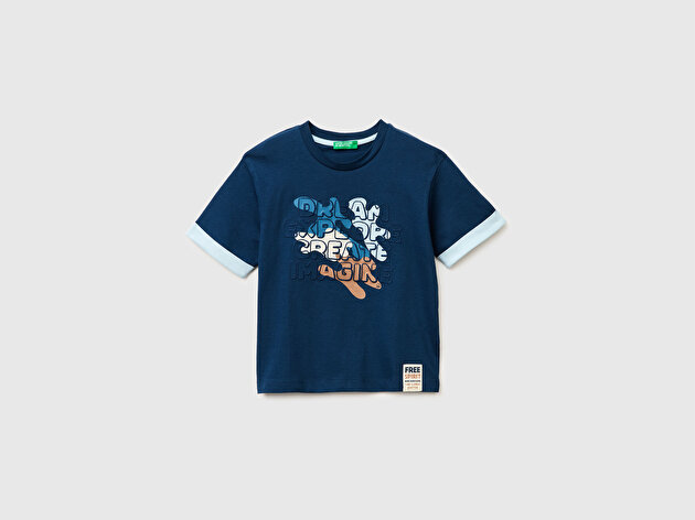 Benetton Erkek Bebek Koyu Lacivert Etek Ucu Etiketli Baskılı Bisiklet Yaka T-Shirt