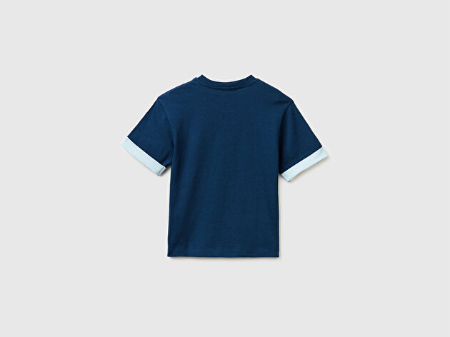 Benetton Erkek Bebek Koyu Lacivert Etek Ucu Etiketli Baskılı Bisiklet Yaka T-Shirt