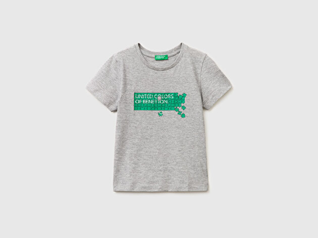 Benetton Erkek Bebek Gri melanj Önü Logo Baskılı Yuvarlak Yaka T-Shirt