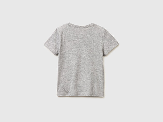 Benetton Erkek Bebek Gri melanj Önü Logo Baskılı Yuvarlak Yaka T-Shirt