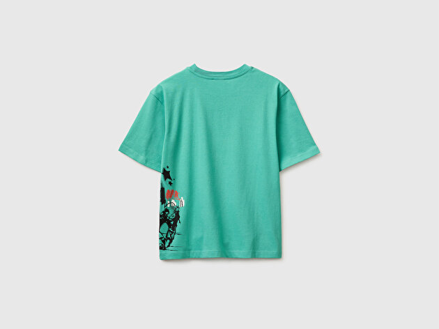 Benetton Erkek Çocuk Mavi-yeşil Baskılı Bisiklet Yaka Kısa Kollu T-Shirt