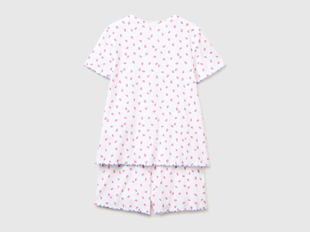 Benetton Kadın Beyaz %100 Pamuk Fırfır Detaylı Desenli Pijama Takımı