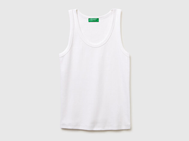 Benetton Kadın Beyaz Pamuk Karışımlı Geniş Yuvarlak Yaka Askılı Atlet