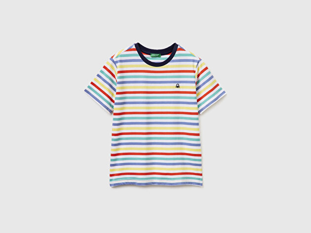 Benetton Erkek Çocuk Açık Mix Çok Renkli Logo İşlemeli Çizgili T-Shirt