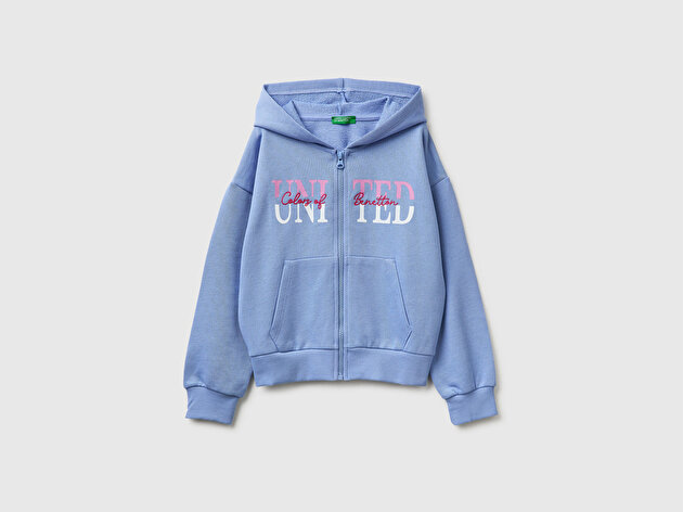 Benetton Kız Çocuk Havacı Mavi Simli Logolu Fermuarlı Cepli Kapüşonlu Yüksek Yaka Sweatshirt
