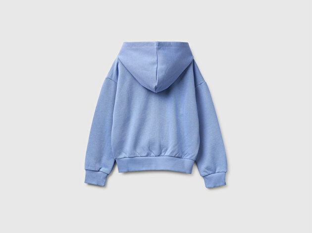 Benetton Kız Çocuk Havacı Mavi Simli Logolu Fermuarlı Cepli Kapüşonlu Yüksek Yaka Sweatshirt

