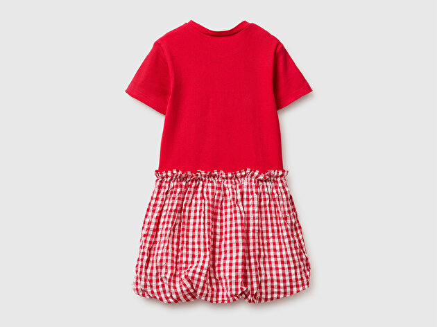 Benetton Kız Bebek Kırmızı Mix Nakış İşlemeli Kareli İki Parça Görünümlü Balon Elbise