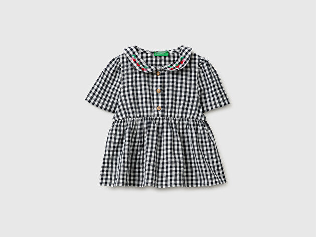 Benetton Kız Bebek Siyah-Beyaz Mix İşlemeli Yaka Detaylı Kareli Gömlek