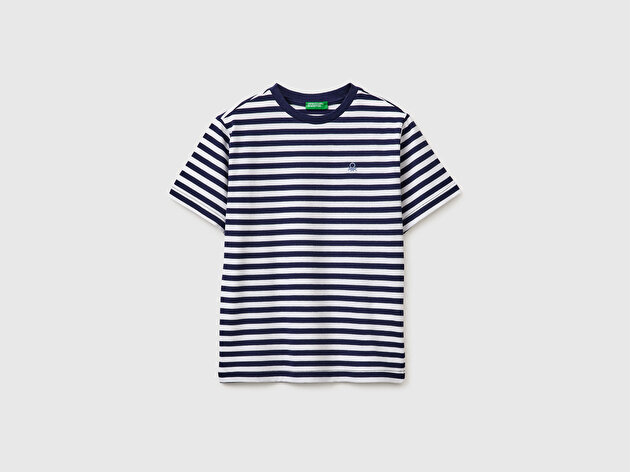 Benetton Erkek Çocuk Koyu Mavi Mix Çok Renkli Logo İşlemeli Çizgili T-Shirt