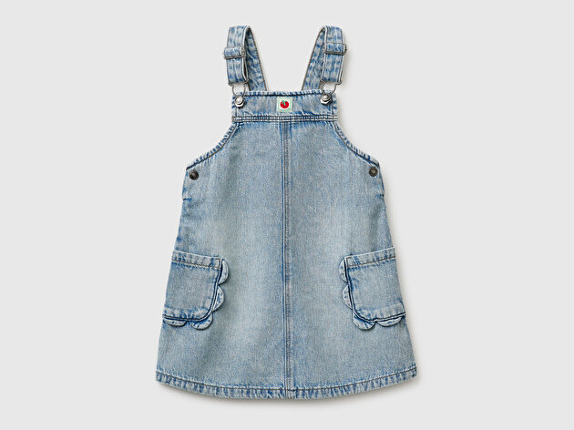 Benetton Kız Bebek Açık Mavi Cebi Çiçek Detaylı Askılı Kot Tulum