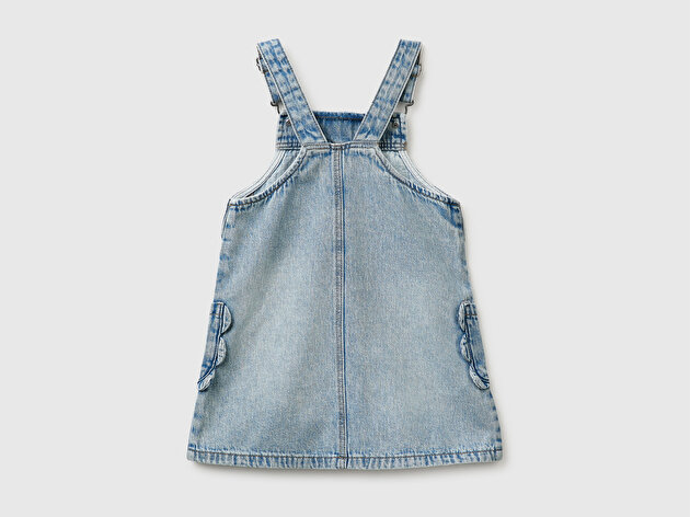 Benetton Kız Bebek Açık Mavi Cebi Çiçek Detaylı Askılı Kot Tulum