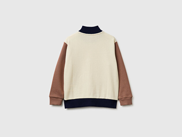 Benetton Erkek Bebek Krem Mix Logo Baskılı Cepli Fermuarlı Dik Yaka Sweatshirt
