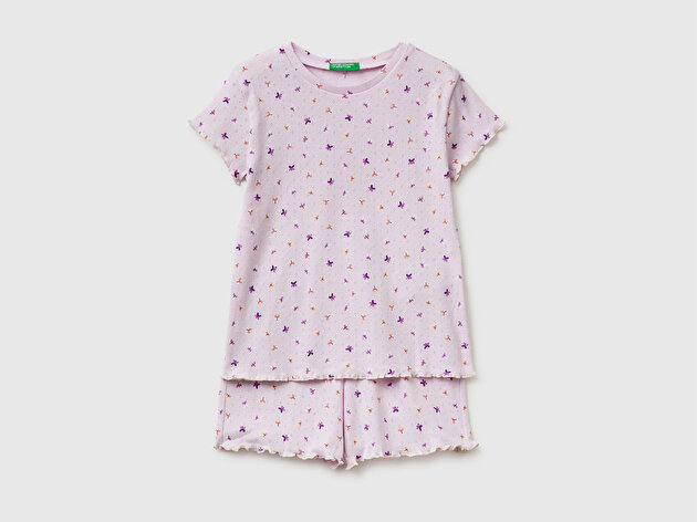 Benetton Kız Çocuk Siyah Mix Desenli Fırfır Detaylı Kısa Kollu Şortlu Pijama Takımı