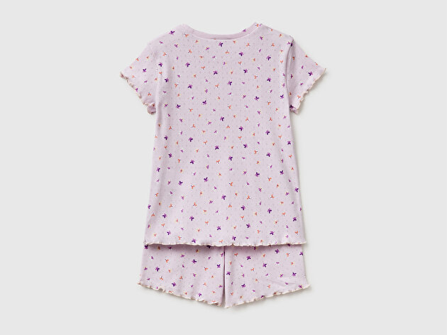 Benetton Kız Çocuk Siyah Mix Desenli Fırfır Detaylı Kısa Kollu Şortlu Pijama Takımı