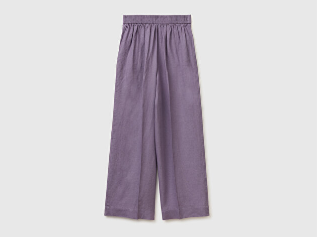 Benetton Kadın Koyu Gri %100 Keten Yan Cepli Arka Beli Lastikli Palazzo Pantolon