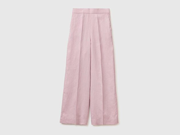 Benetton Kadın Açık Pembe %100 Keten Yan Cepli Arka Beli Lastikli Palazzo Pantolon