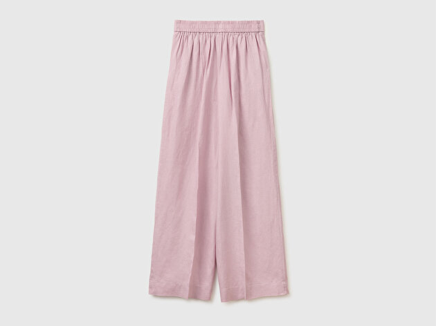 Benetton Kadın Açık Pembe %100 Keten Yan Cepli Arka Beli Lastikli Palazzo Pantolon