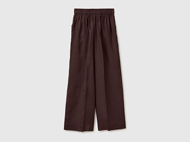 Benetton Kadın Kahverengi %100 Keten Yan Cepli Arka Beli Lastikli Palazzo Pantolon