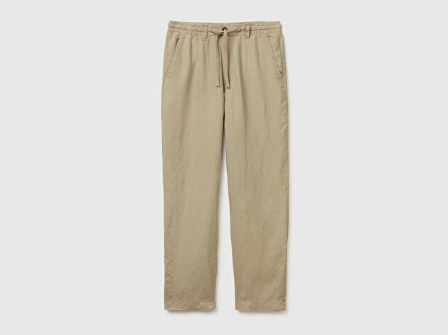 Benetton Erkek Haki %100 Keten Beli İpli Pantolon
