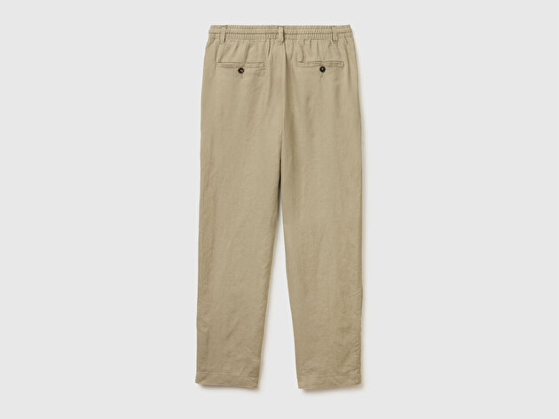 Benetton Erkek Haki %100 Keten Beli İpli Pantolon