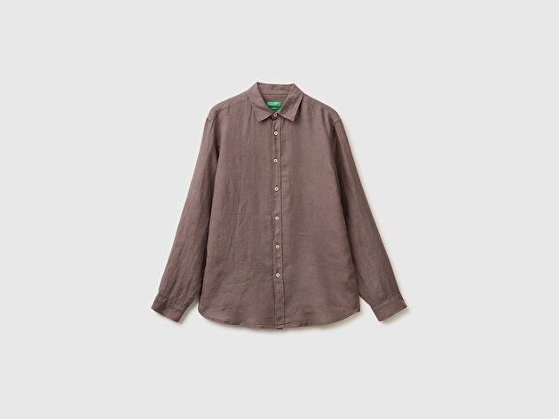 Benetton Erkek Kahverengi %100 Keten Gömlek