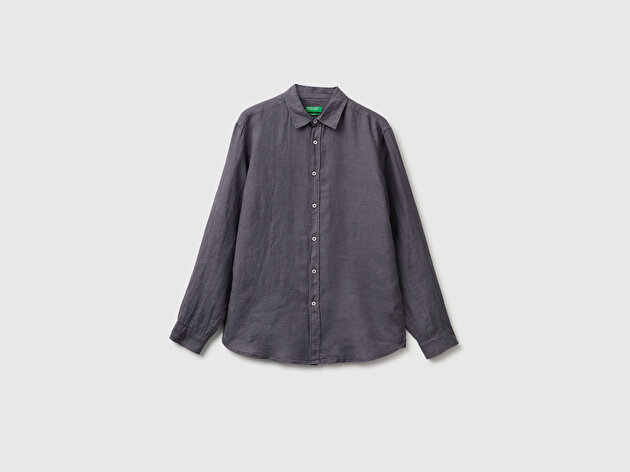 Benetton Erkek Antrasit %100 Keten Gömlek