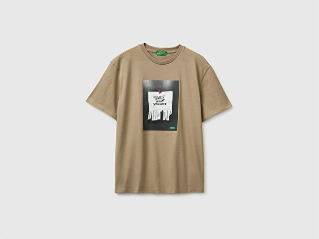 Benetton Erkek Haki  %100 Pamuk Regular Fit Grafik Baskılı T-Shirt