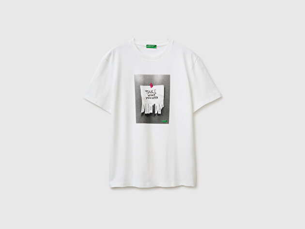 Benetton Erkek Beyaz  %100 Pamuk Regular Fit Grafik Baskılı T-Shirt