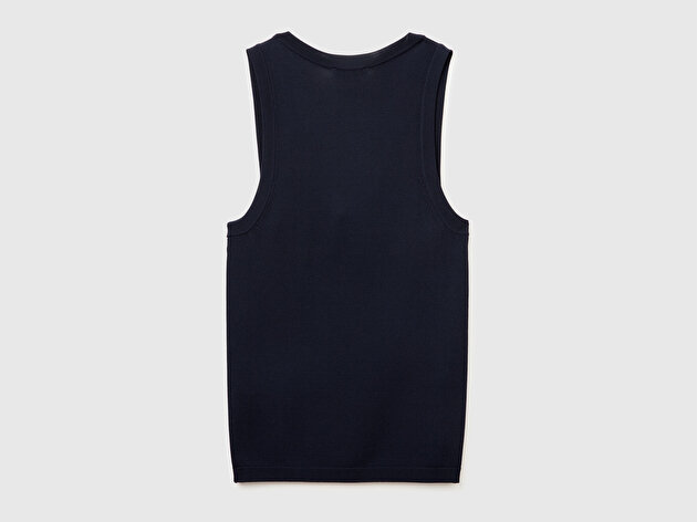 Benetton Kadın Lacivert Viskoz Karışımlı Slim Fit Geniş Yuvarlak Yaka Atlet