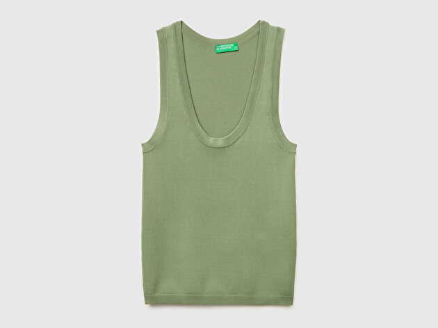 Benetton Kadın Haki Viskoz Karışımlı Slim Fit Geniş Yuvarlak Yaka Atlet