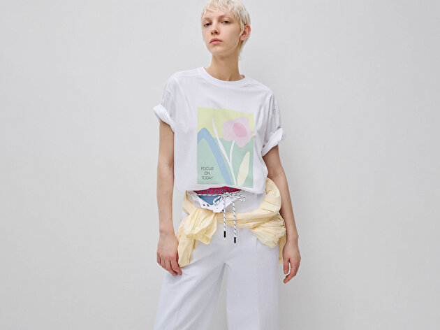 Benetton Kadın Beyaz %100 Pamuk Su Bazlı Baskılı Oversize Bisiklet Yaka T-Shirt