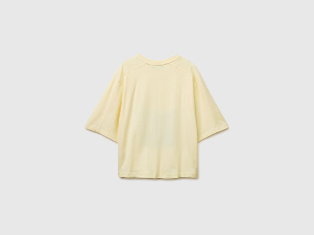 Benetton Kadın Açık Sarı %100 Pamuk Su Bazlı Baskılı Oversize Bisiklet Yaka T-Shirt