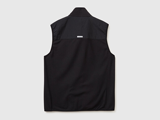 Benetton Erkek Siyah  Deri Detaylı Logolu Fermuarlı Yelek