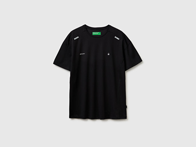 Benetton Erkek Siyah  Reflektif Baskılı Logolu Bisiklet Yaka T-Shirt