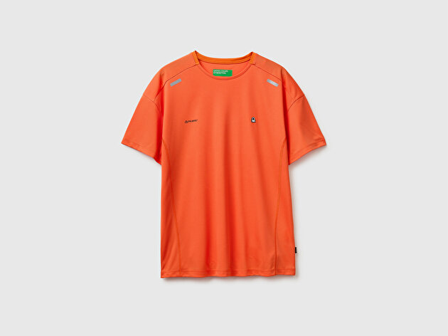 Benetton Erkek Turuncu  Reflektif Baskılı Logolu Bisiklet Yaka T-Shirt