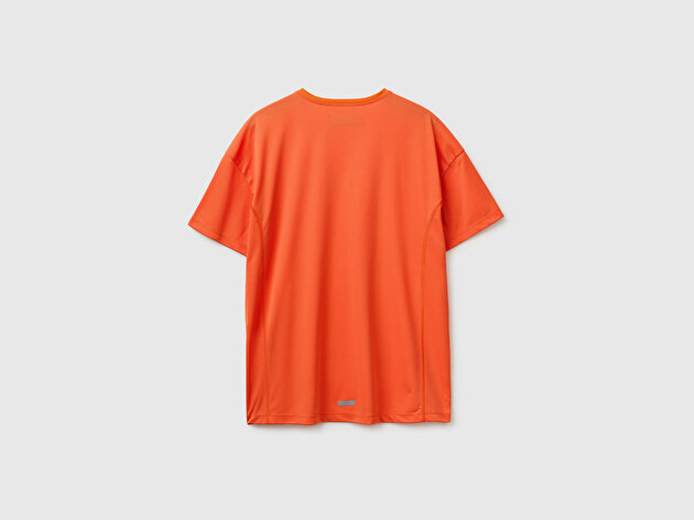 Benetton Erkek Turuncu  Reflektif Baskılı Logolu Bisiklet Yaka T-Shirt