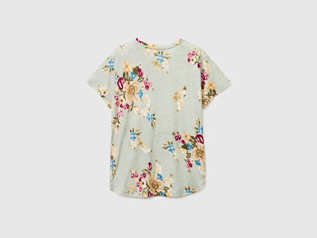 Benetton Kadın Su Yeşili Keten ve Viskoz Karışımlı Çiçek Baskılı Bisiklet Yaka T-Shirt
