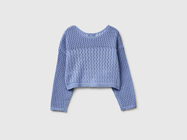 Benetton Kız Çocuk Havacı Mavi Tığ İşi Kelebek Aplike Detaylı Yuvarlak Yaka Ajurlu Kazak