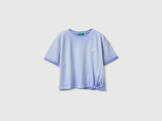 Benetton Kız Çocuk Mavi Etek Ucu Düğümlü Baskılı Boxy Fit Kısa Kollu T-Shirt