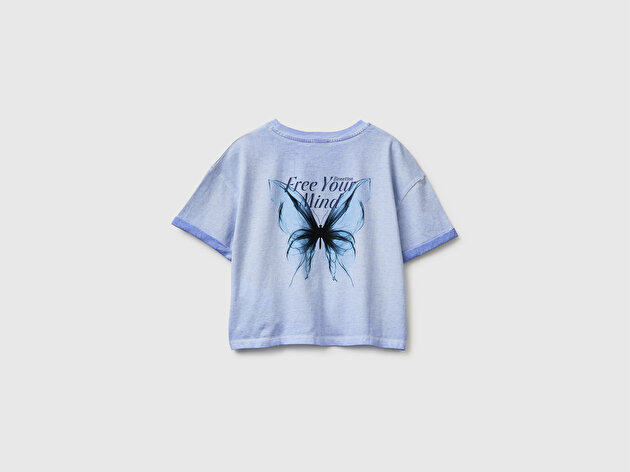 Benetton Kız Çocuk Mavi Etek Ucu Düğümlü Baskılı Boxy Fit Kısa Kollu T-Shirt