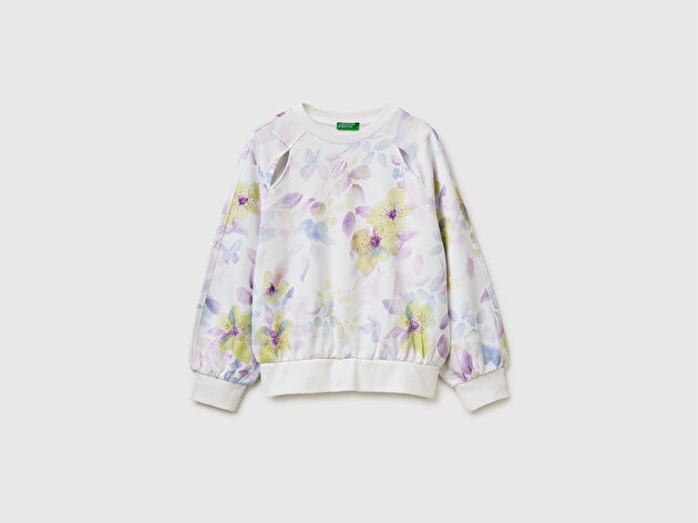 Benetton Kız Çocuk Ekru Önü Kesik Detaylı Baskılı Yuvarlak Yaka Sweatshirt